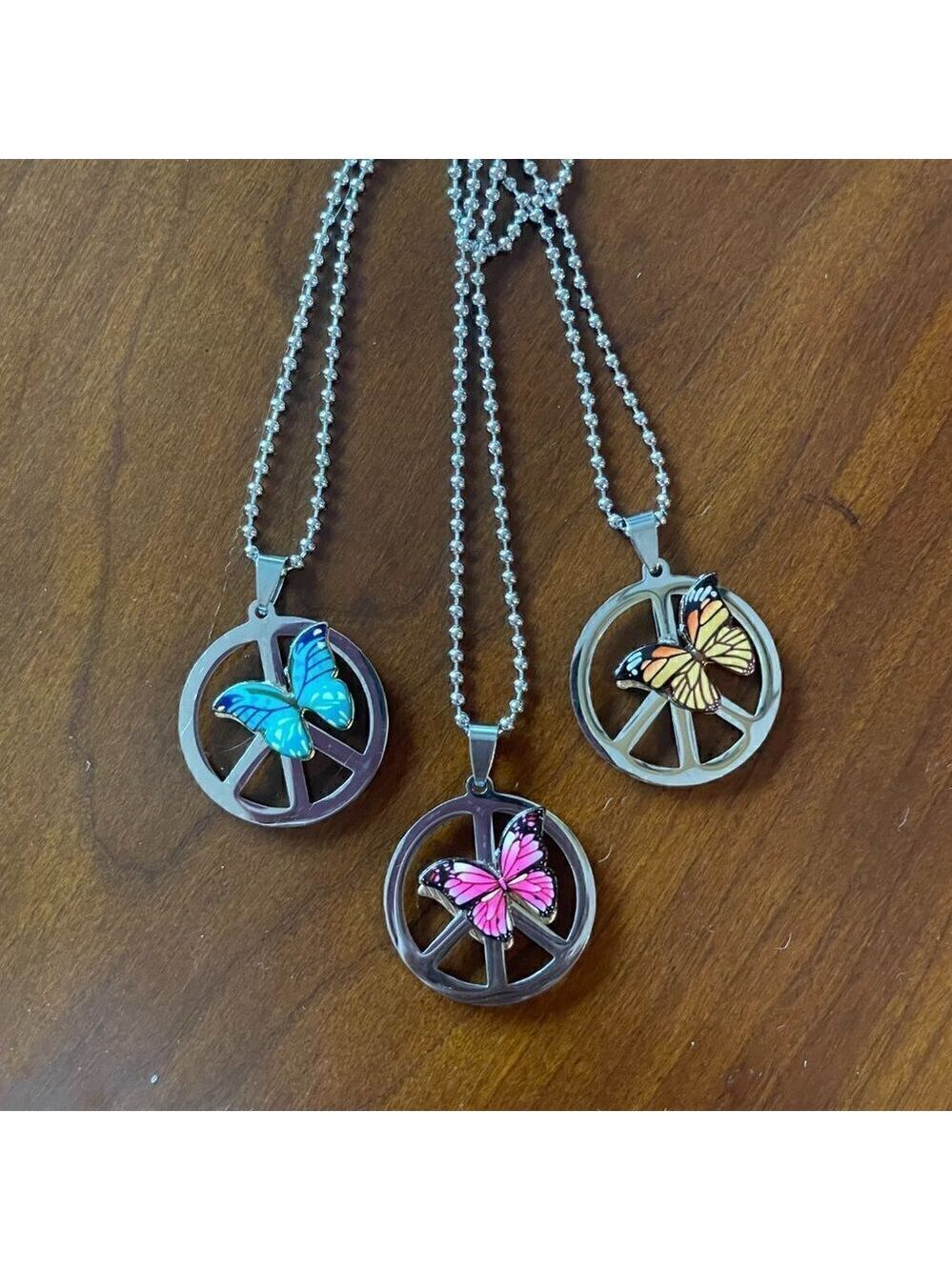 Upcycled Medium Size Peace Sign Pendant Butterly Necklace #848